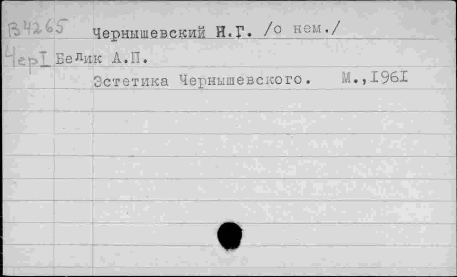 ﻿Чернышевский Н.Г» /° нем>/
	БеЛик А.П.	
Г		Эстетика Чернышевского. М.,1961
		
		
		
		
		
		
		